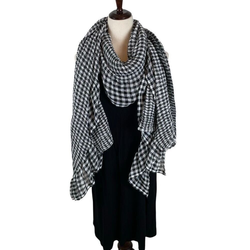 Ted Baker London Penny Gingham Frill Ruffle Scarf black and white 40“ square